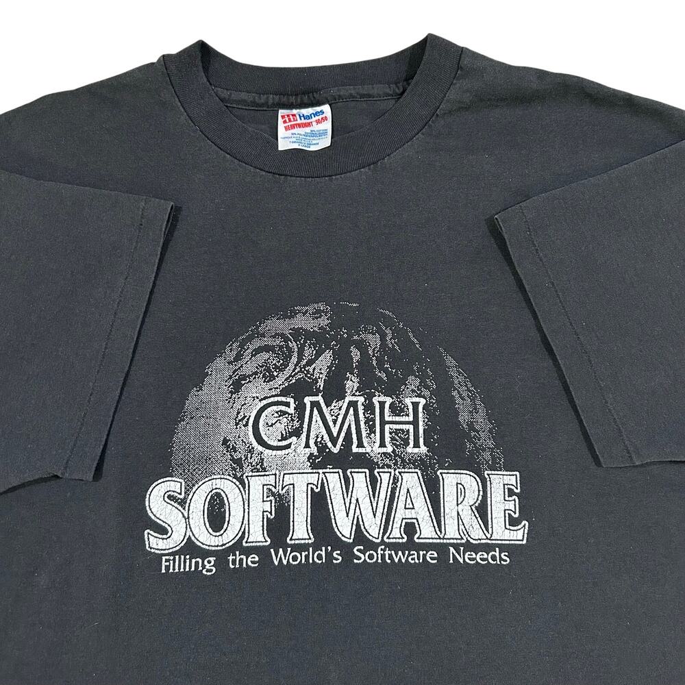 Vintage 90s Tech Tee Men’s XL CMH Software Black Single Stitch USA Made Hanes